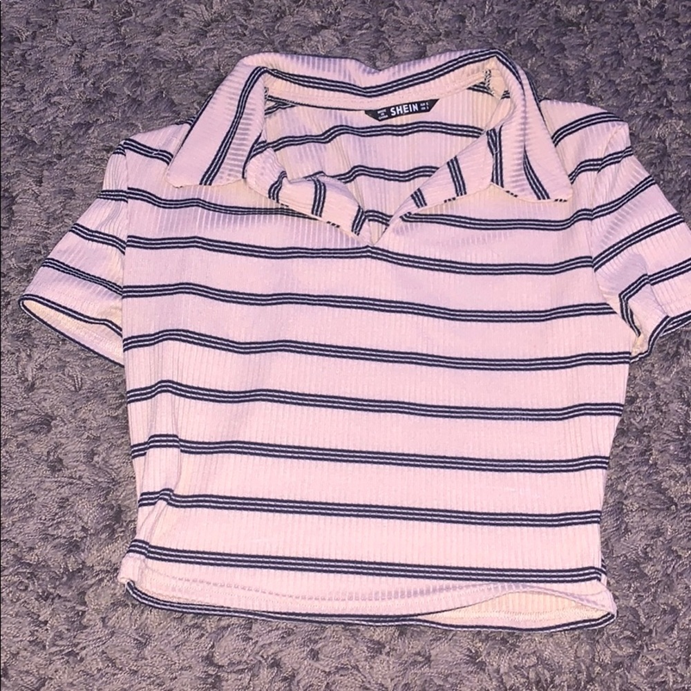 striped khaki colored and navy blue collared